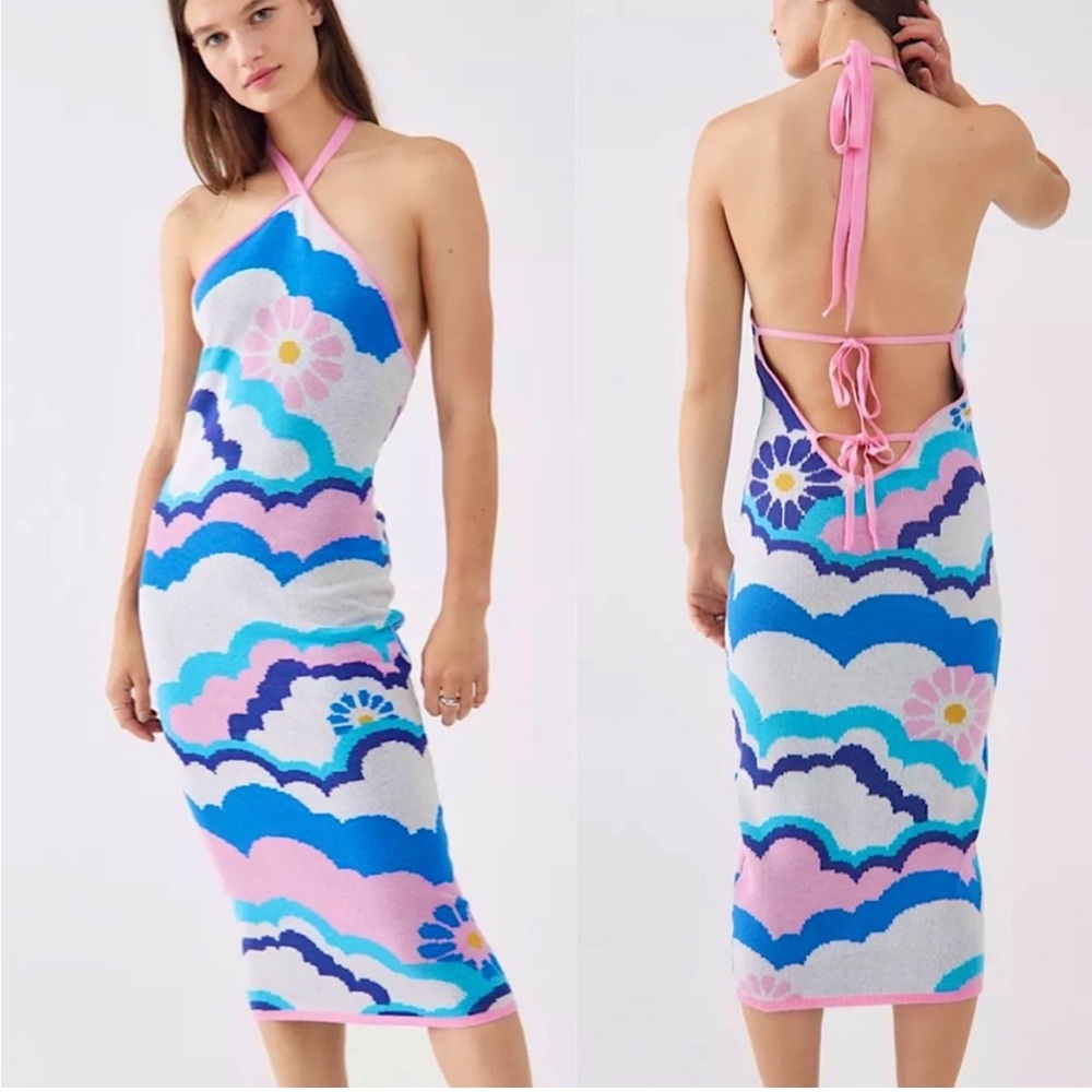 Another Girl Psychedelic Knit Organic Cotton Backless Midi Dress Blue Multi Sz 4